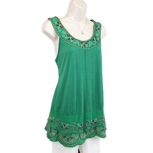Anthropologie halter tunic top beaded green L